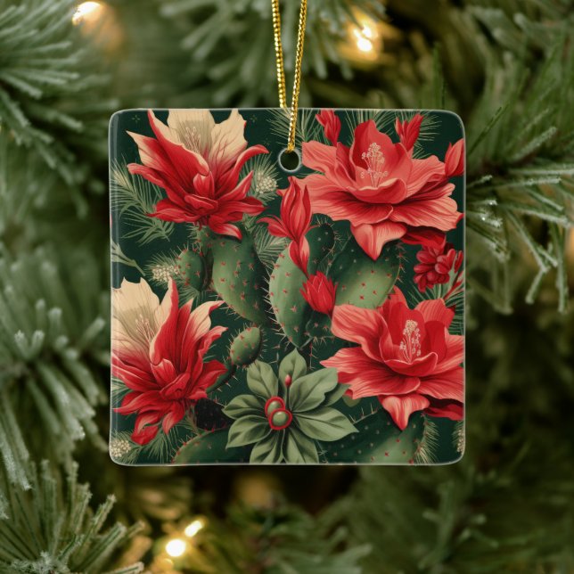 Cactus Kisses & Christmas Wishes A Square Ornament (Tree)