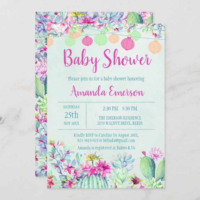 Cactus Lantern Fiesta Baby Shower Invitations (Front/Back)