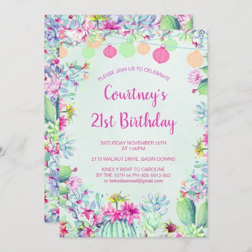 Cactus Lantern Fiesta Birthday Invitations