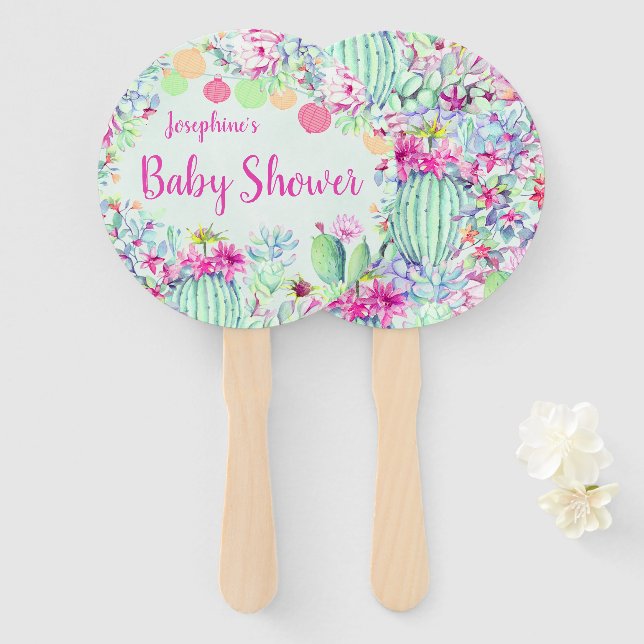 Cactus Lantern Fiesta Succulents Baby Shower Hand Fan (Front and Back)