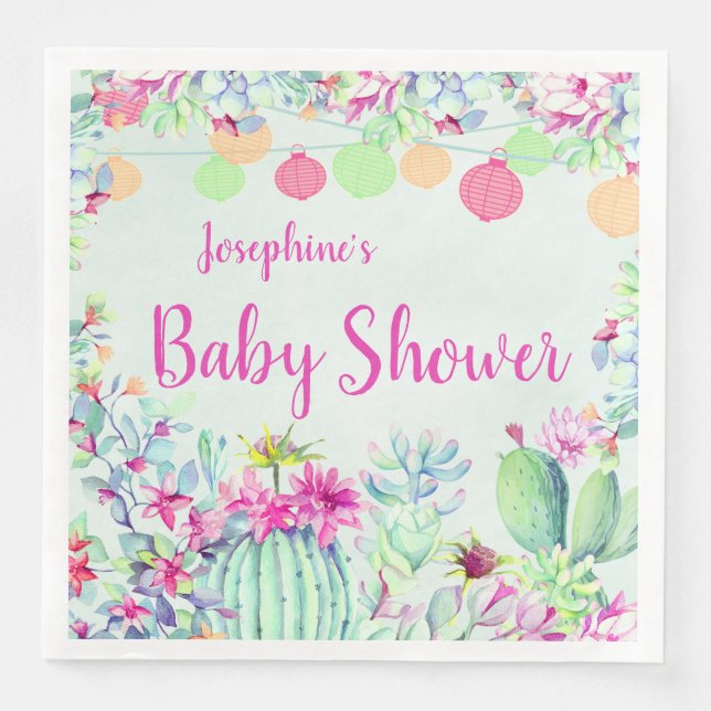 Cactus Lantern Fiesta Succulents Baby Shower Paper Dinner Napkins (Front)