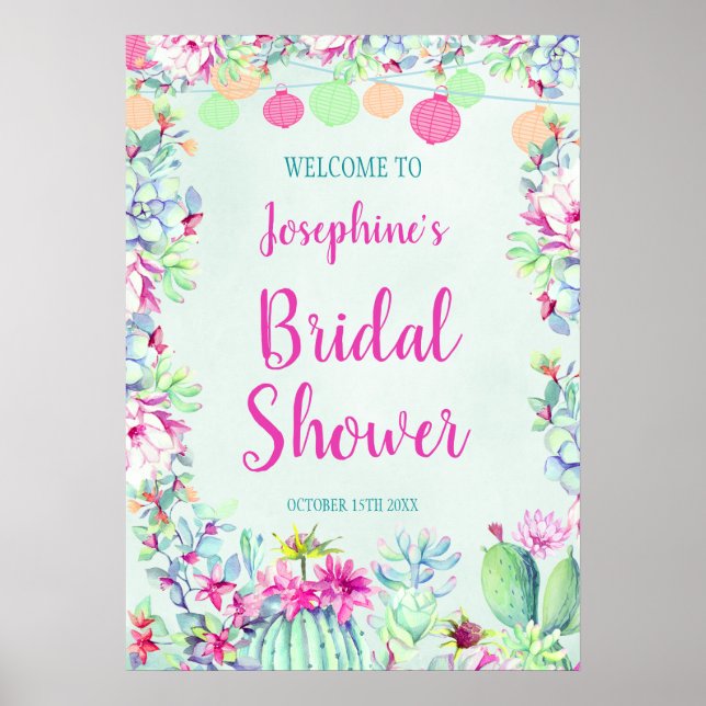 Cactus Lantern Fiesta Succulents Bridal Shower Poster (Front)