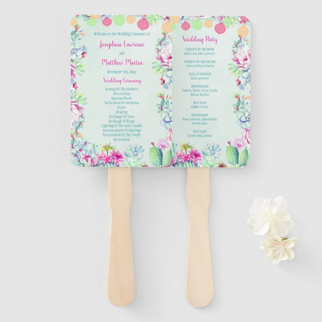Cactus Lantern Fiesta Succulents Wedding Ceremony Hand Fan (Front and Back)