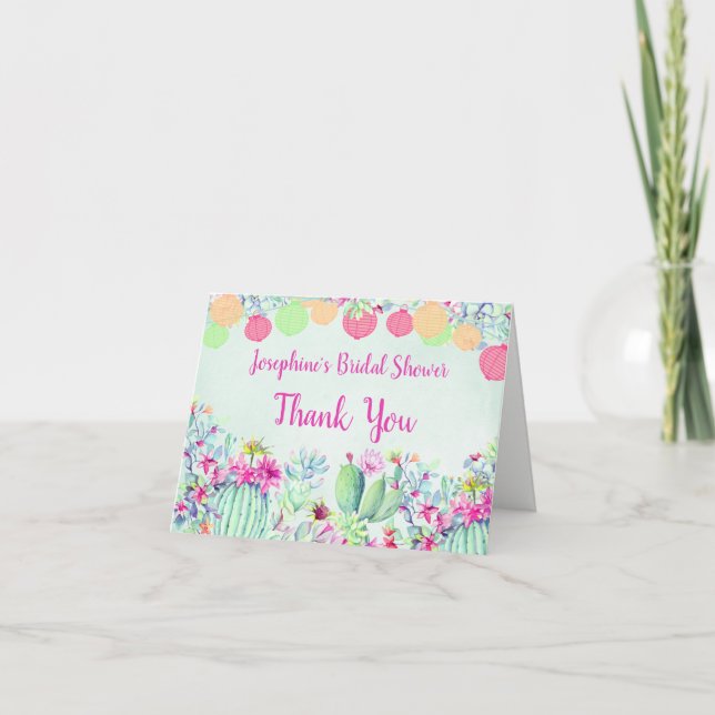 Cactus Lantern Succulents Bridal Shower Thank You Card (Front)