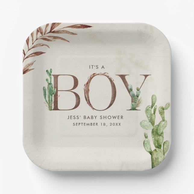 Cactus Leather Boy Baby Shower Paper Plates (Front)