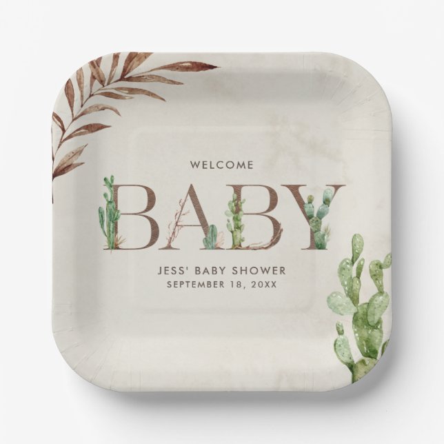 Cactus Leather Neutral Baby Shower  Paper Plates (Front)