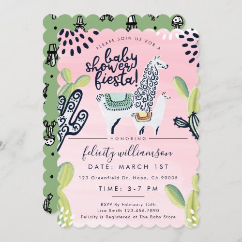Cactus  Llama Baby Girl Shower Fiesta Invitation