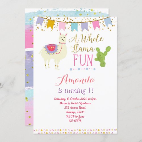 Cactus Llama First Birthday Invitation card