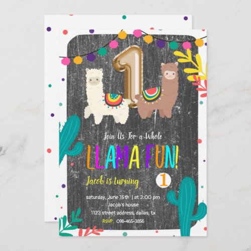 Cactus Llama Fun 1st Birthday Invitation