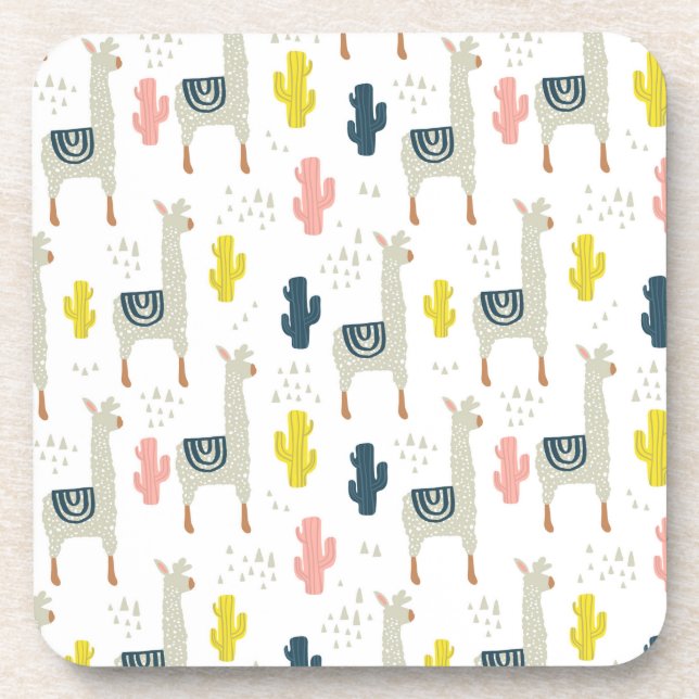 Cactus & Llamas Pattern Beverage Coaster (Front)