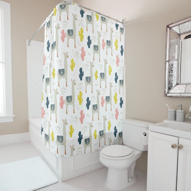 Cactus & Llamas Pattern Shower Curtain (In Situ)