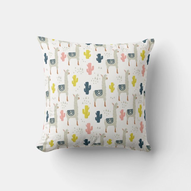 Cactus & Llamas Pattern Throw Pillow (Front)