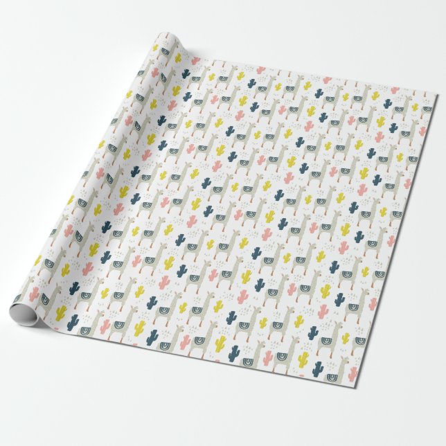 Cactus & Llamas Pattern Wrapping Paper (Unrolled)