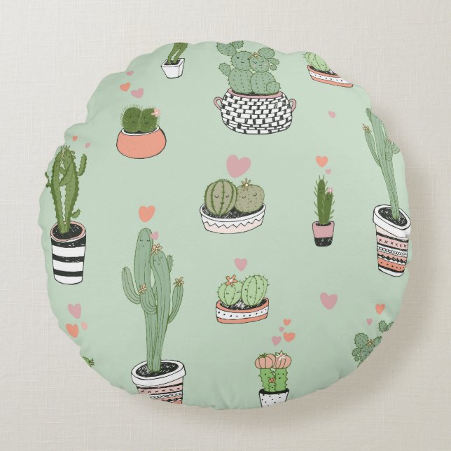 Cactus Love: Cute Cartoon Pattern. Round Pillow (Front)