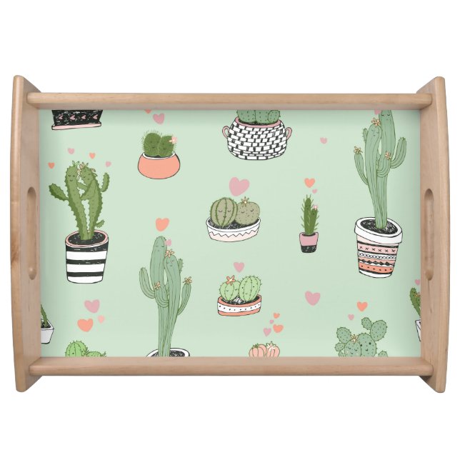 Cactus Love: Cute Cartoon Pattern. Serving Tray (Front)