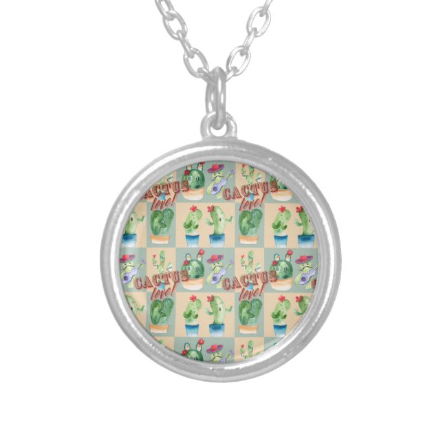 cactus love - watercolor silver plated necklace (Front)