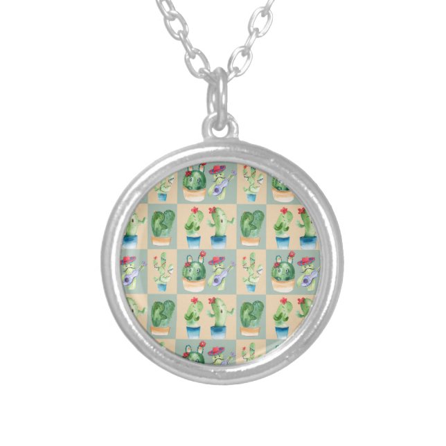 cactus love - watercolor silver plated necklace (Front)
