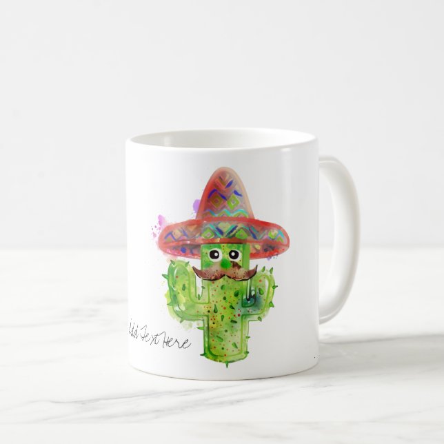 Cactus Man Mustache Hat Fiesta Add Own Text Fun Coffee Mug (Front Right)