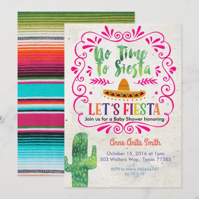 Cactus Mexican Baby shower Invitation Gold (Front/Back)