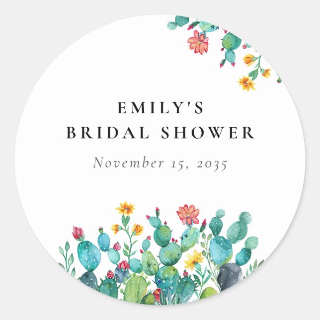 Cactus Mexican Fiesta Bridal Shower Classic Round Sticker (Front)