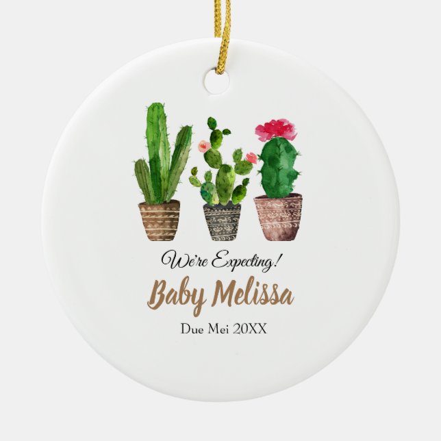 Cactus Minimalist We're Expecting Parents Gift Ceramic Ornament (Front)