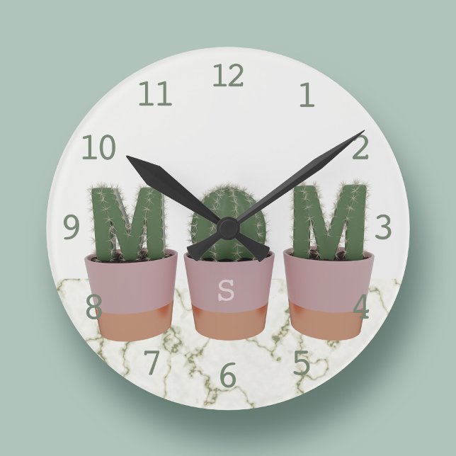 Cactus Mom Monogrammed Kitchen Wall Clock (Fun cactus wall clock with space for your initial)
