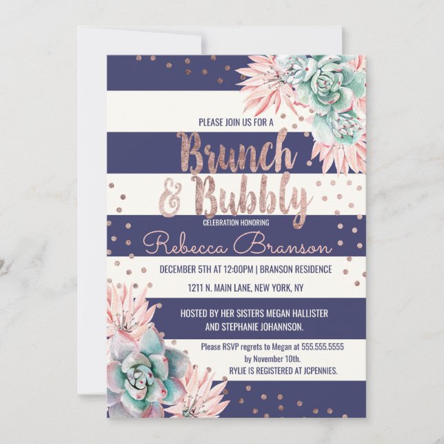 Cactus Navy Stripes Rose Gold Brunch and Bubbly Invitation (Front)