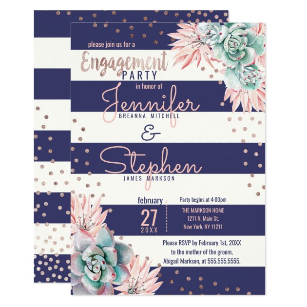 Cactus Navy Stripes Rose Gold Engagement Party Invitation