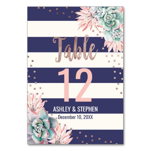 Cactus Navy Stripes Rose Gold Table Numbers