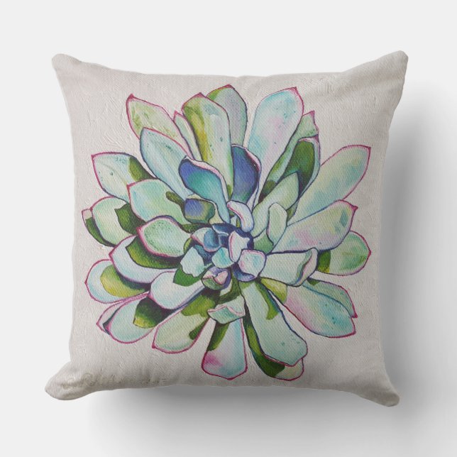Cactus oil painting magenta tipped leaves outdoor pillow (Front)