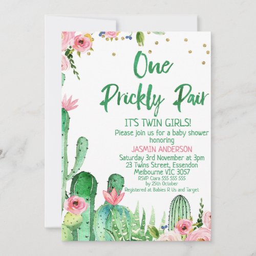 Cactus One Prickly Pair Twins Baby Shower Invitation