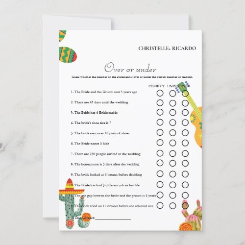 Cactus Over or under bridal shower game Card