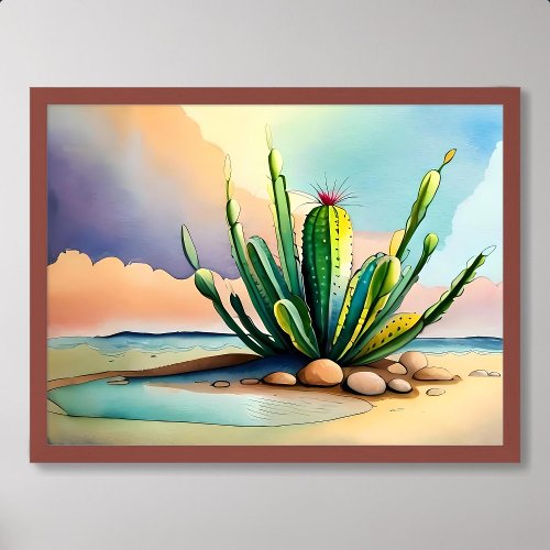 cactus painting lush near rock desert water source poster