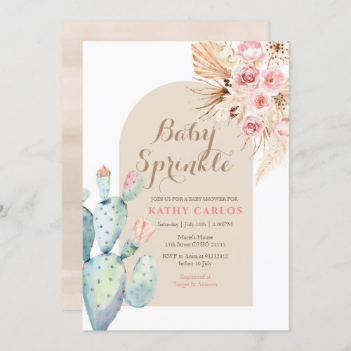 Cactus pampas grass and Boho Baby Sprinkle Invitation