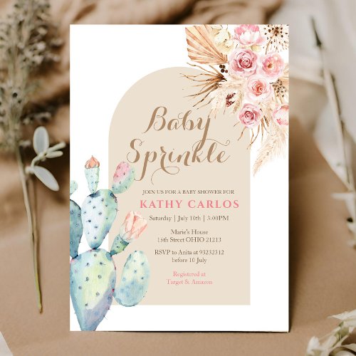 Cactus pampas grass and Boho Baby Sprinkle Invitation