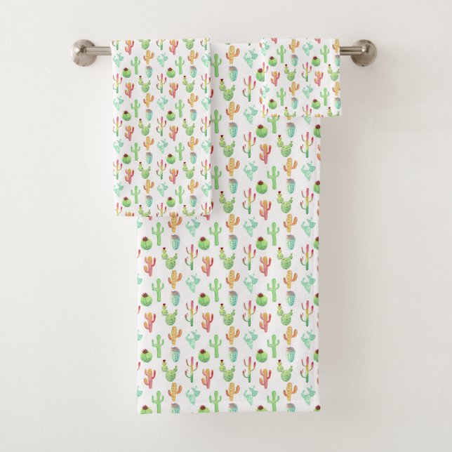 Cactus Pastel Watercolor Pattern Bath Towel Set (Insitu)