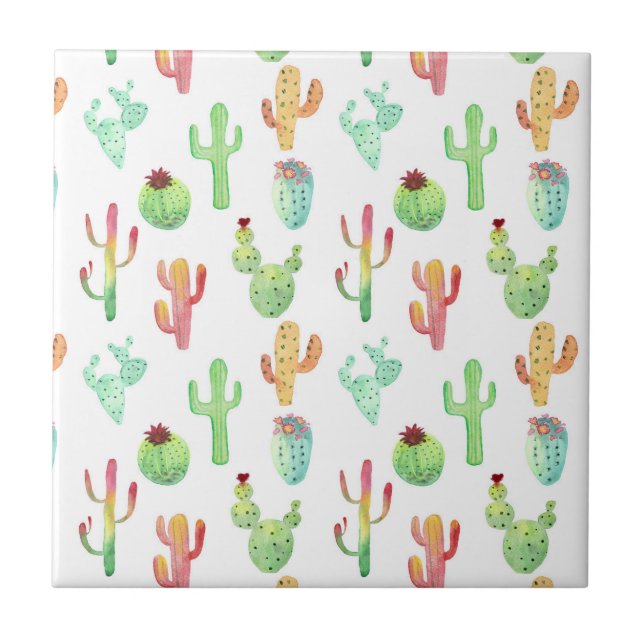 Cactus Pastel Watercolor Pattern Ceramic Tile (Front)