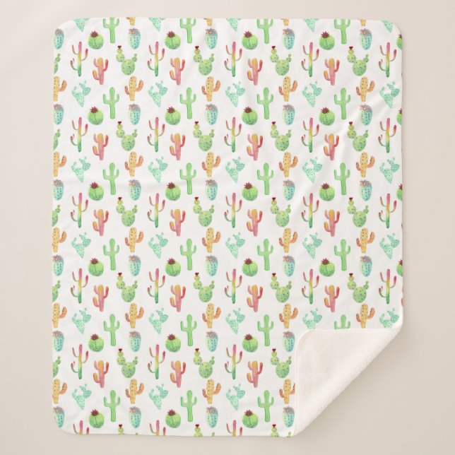 Cactus Pastel Watercolor Pattern Sherpa Blanket (Front)