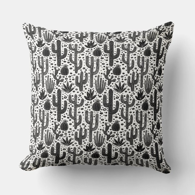 Cactus Pattern - Black and White Throw Pillow (Front)