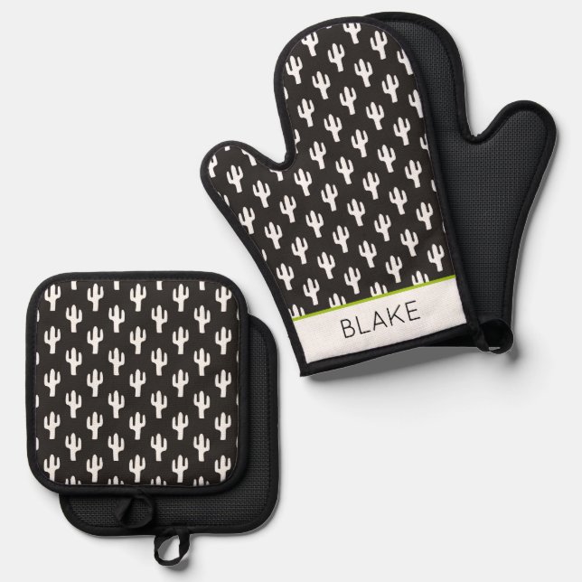 Cactus Pattern Black NAME Desert Southwest Fun Oven Mitt & Pot Holder Set (Front/Back)