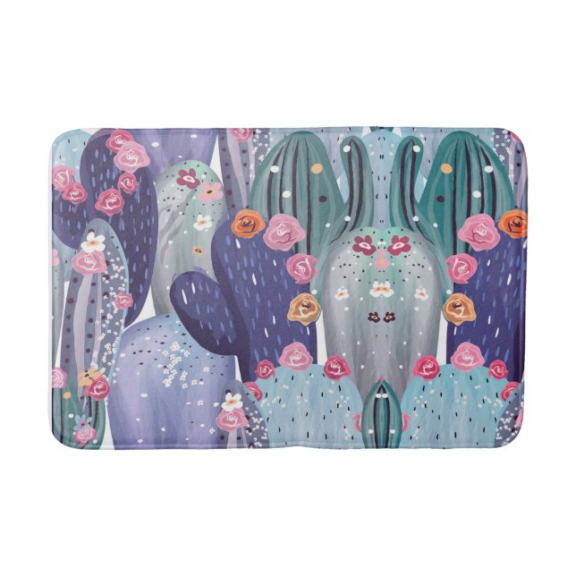Cactus Pattern Colorful Watercolor Bath Mat (Front)