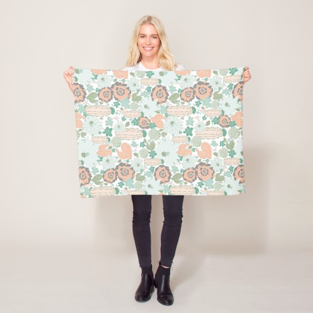 Cactus Pattern Cute Print Coral Mint Gray Green Fleece Blanket (In Situ)