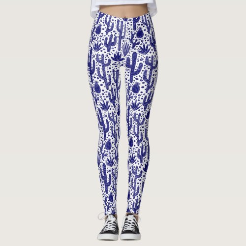 Cactus Pattern _ Dark Blue and White Leggings