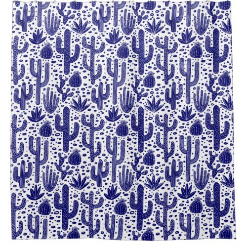 Cactus Pattern _ Dark Blue and White Shower Curtain