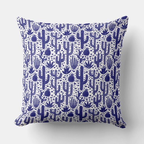 Cactus Pattern _ Dark Blue and White Throw Pillow