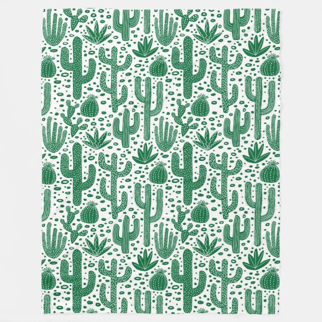Cactus Pattern - Forest Green and White Fleece Blanket (Front)