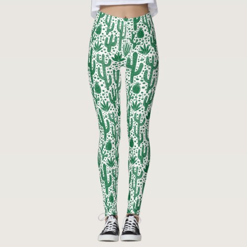 Cactus Pattern _ Forest Green and White Leggings