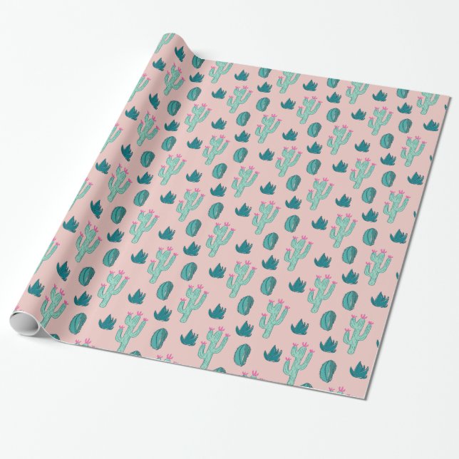 Cactus Pattern Pink and Green Wrapping Paper (Unrolled)
