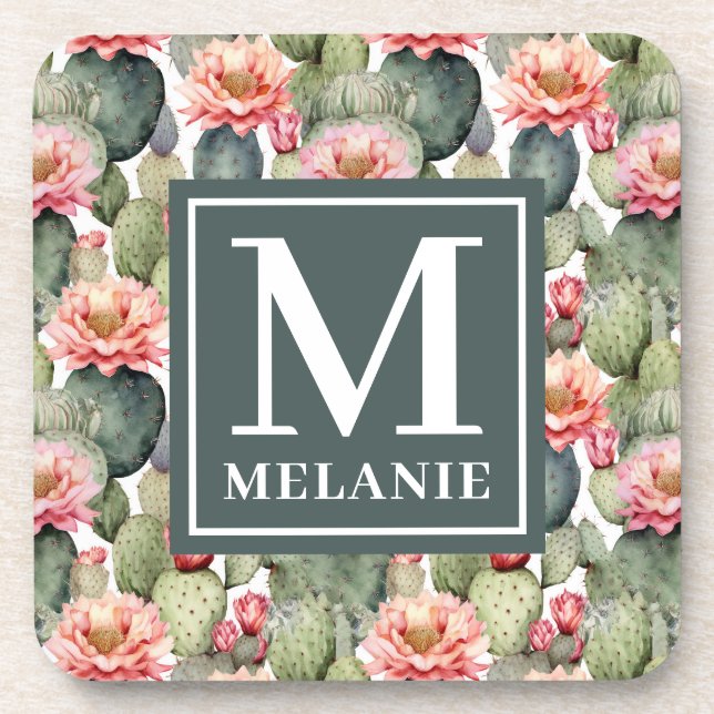 Cactus Pattern Pink Flowers Monogram Beverage Coaster (Front)