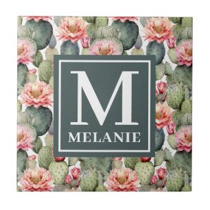 Cactus Pattern Pink Flowers Monogram Ceramic Tile